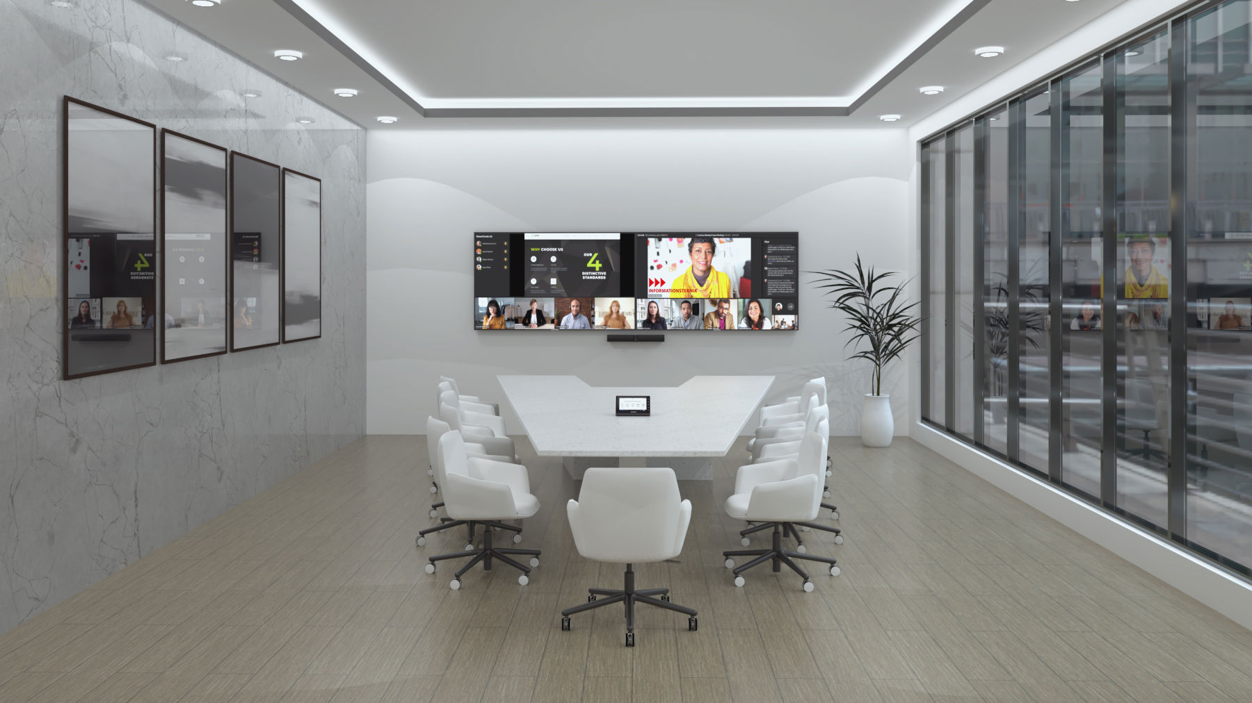 Modernt mötesrum med konferensbord, vita stolar och skärmar för videomöten. Illustrerar innovativa rumstypslösningar.