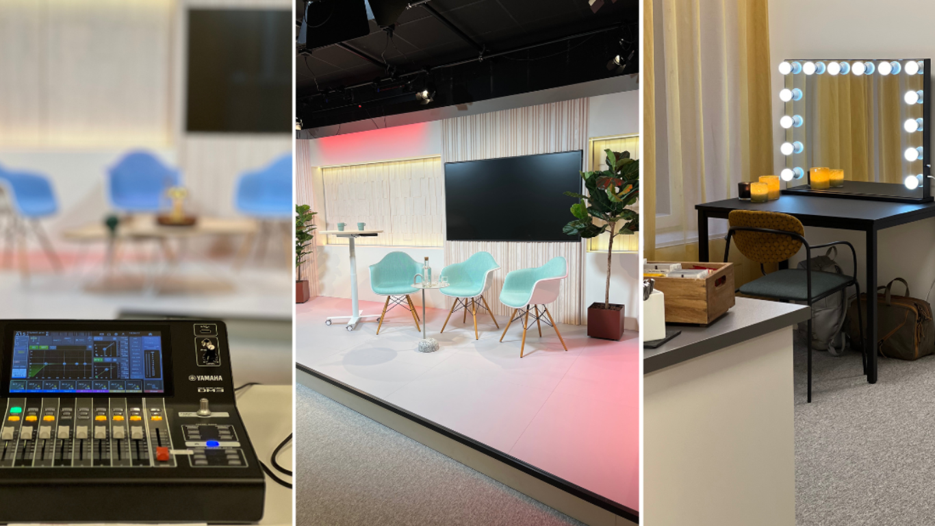 Studio dynamic med scen, ljudmixer, sminkbord och modern inredning, skapat för flexibla inspelnings- och eventmöjligheter.