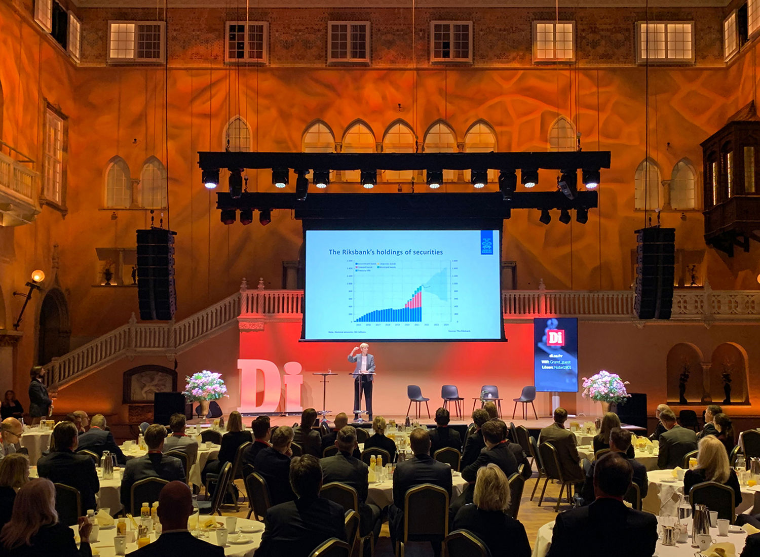 Stor konferens i elegant sal med scenpresentation om ekonomiska trender, omgiven av publiken sittande vid runda bord.