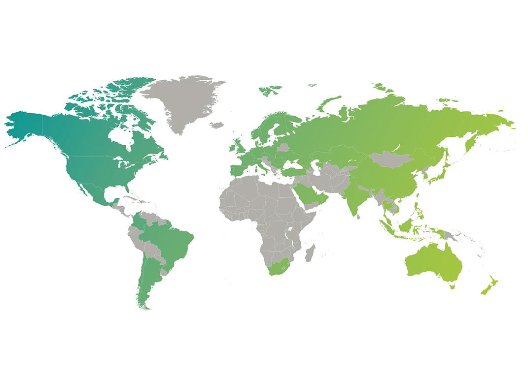 Världskarta som visar Informationstekniks globala täckning när det kommer till mötesteknik och event, via deras partner GPA. 