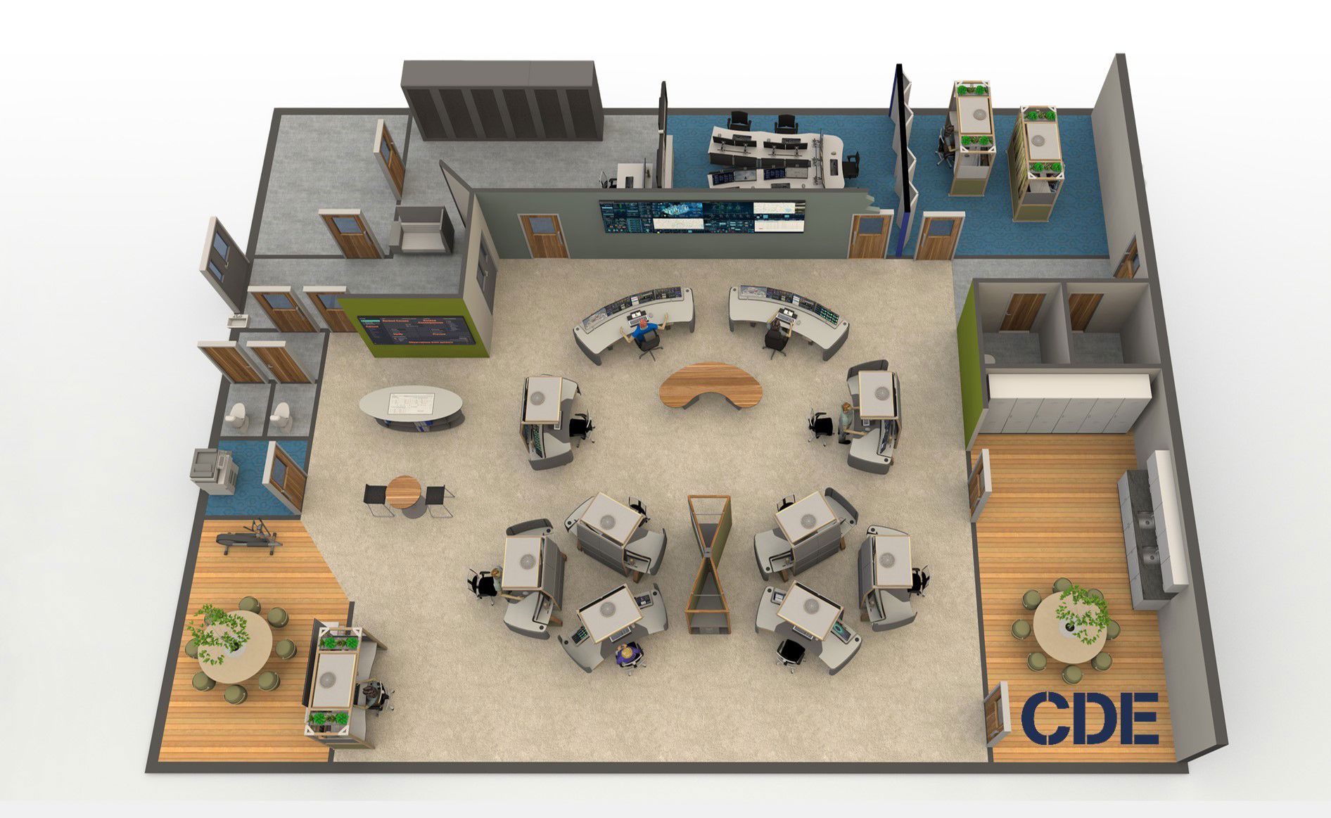 3D-modell av kontrollrum med öppna arbetsstationer arrangerade i en cirkulär formation för effektiv arbetsyta.