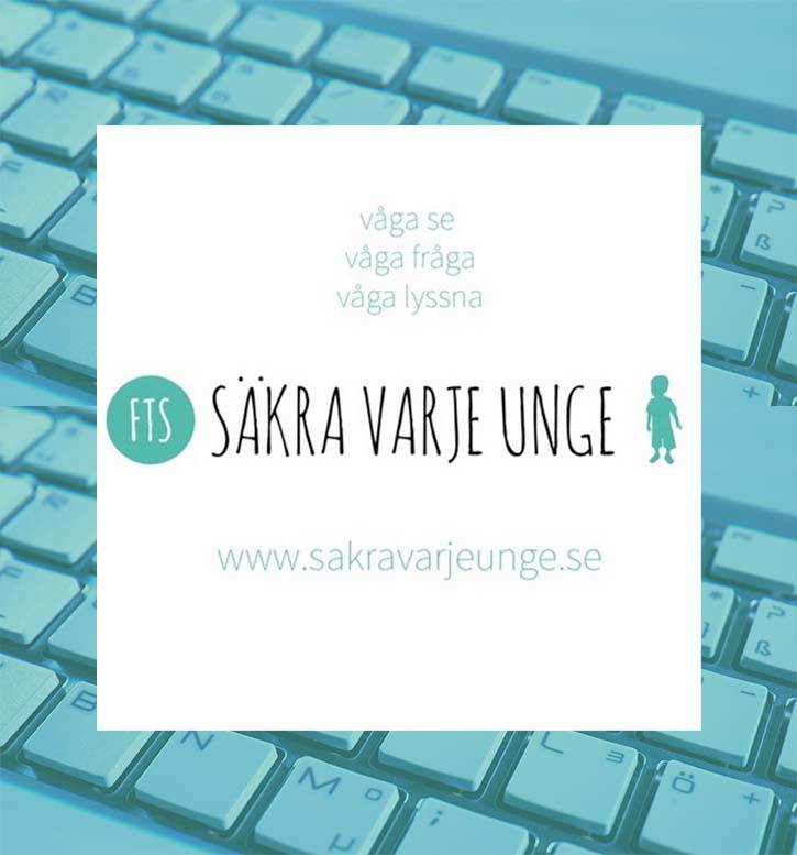 Bild med texten 'Säkra Varje Unge' och budskapet 'våga se, våga fråga, våga lyssna', över en bakgrund av ett tangentbord.